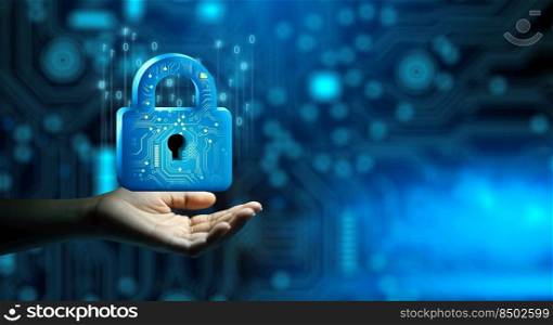 Businessman hand holding Padlock with Keyhole. Cyber data and information privacy. Future technology security, Network protection, and Modern safety digital Concept.