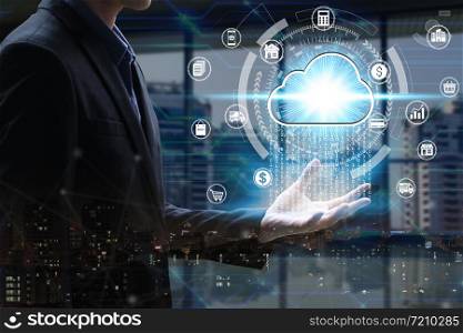 Businessman hand holding with virtual cloud computing icon over the Network connection, Cyber Security Data Protection Business Technology Privacy concept.