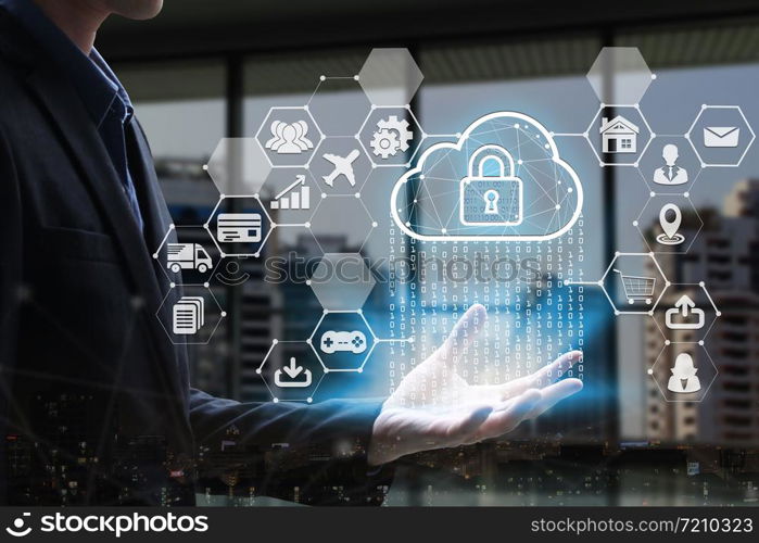 Businessman hand holding with virtual padlock icon over the Network connection, Cyber Security Data Protection Business Technology Privacy concept.