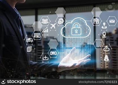 Businessman hand holding with virtual padlock icon over the Network connection, Cyber Security Data Protection Business Technology Privacy concept.