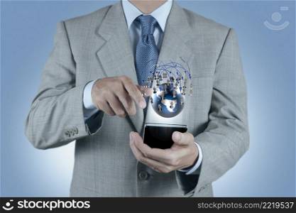 businessman hand holds social network as concept