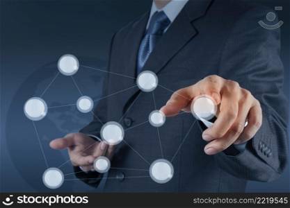 businessman hand holds social network as concept