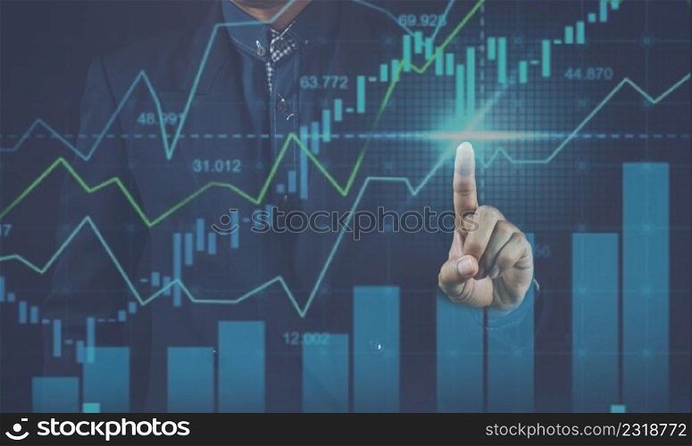Businessman hand pointing growth graph increase. business growing successful financial. Finger up chart arrow on target.