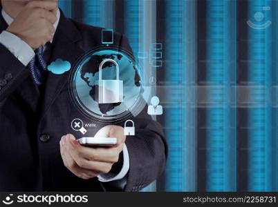 businessman hand pointing to padlock on touch screen computer as Internet security online business concept