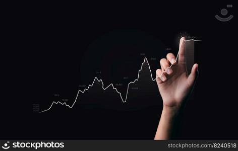 businessman hand pointing to success in growth graph metaverse technology financial business chart financial chart technology investment in stock market background analysis digital economy exchange