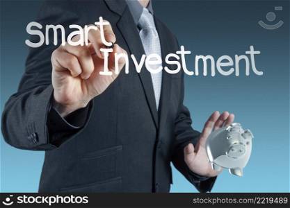 businessman hand points to business strategy as concept