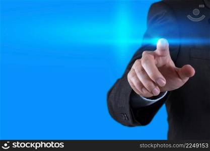 businessman hand pressing button with contact on virtual screens as concept