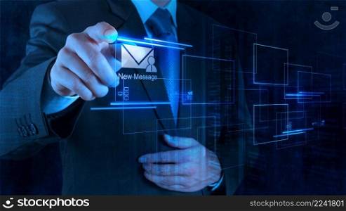 businessman hand pressing e-mail sign as concept 
