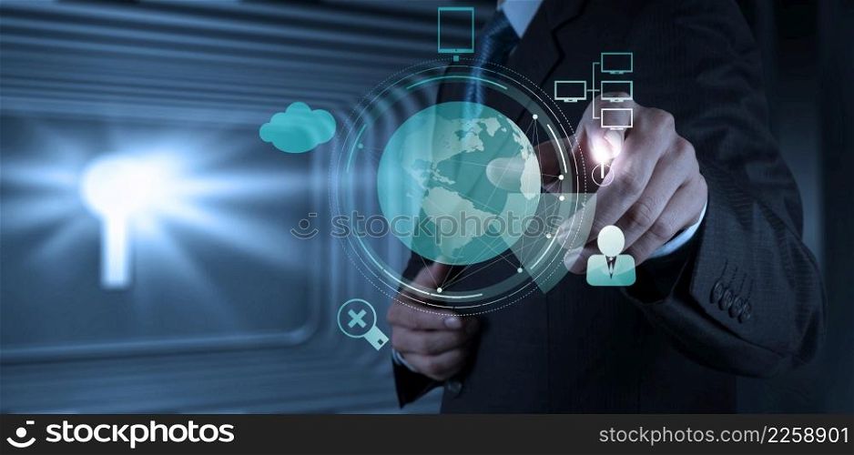 businessman hand push start Cloud Computing diagram on the new computer interface as concep