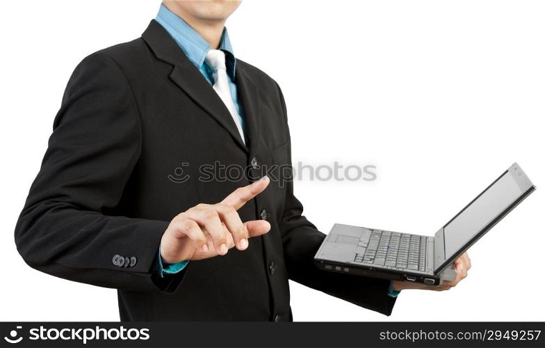 businessman hand pushing and notebook