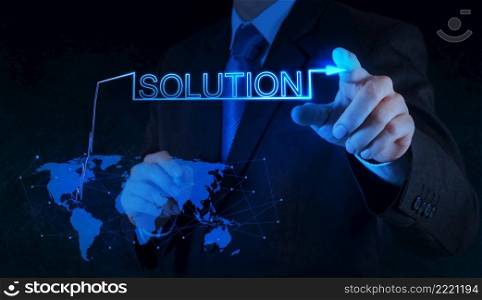 businessman hand pushing solution graph on a touch screen interface