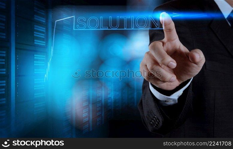 businessman hand pushing solution graph on a touch screen interface 