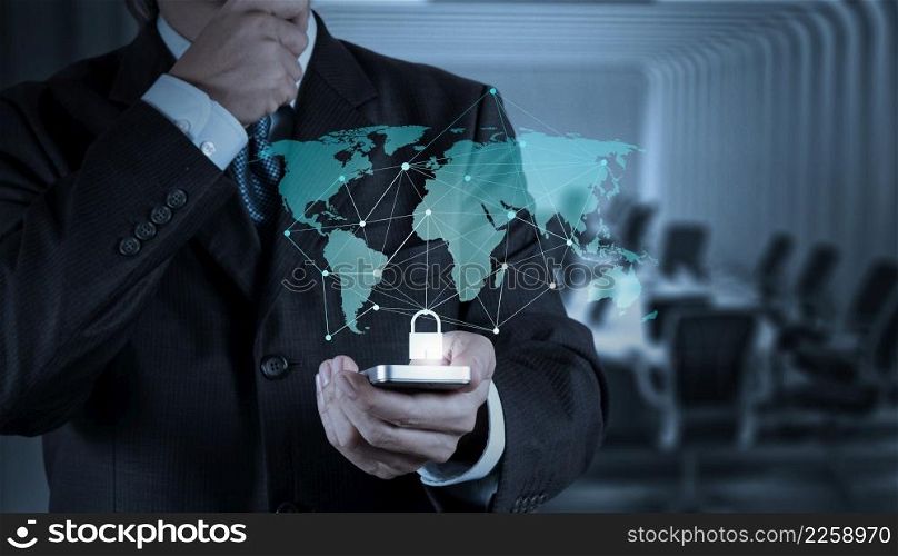 businessman hand show 3d mobile phone with padlock as Internet security online business concept