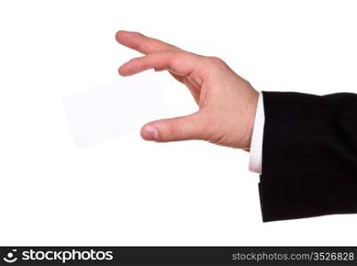 businessman hand show blank card, white background
