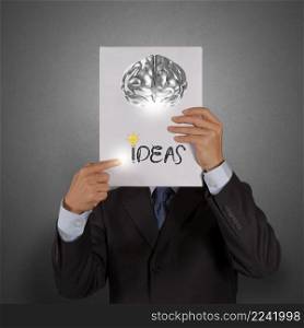 businessman hand show book of idea word and 3d metal brain as concept 