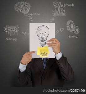 businessman hand show book with creative thinking on  sticky note and lightbulb as creative concept