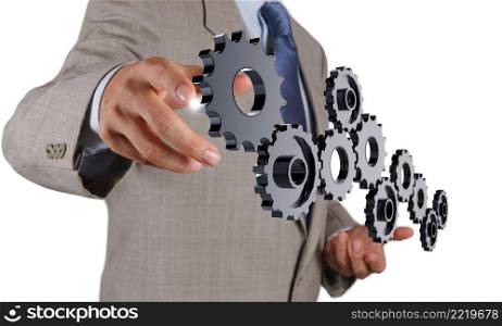 businessman hand show gear to success as concept