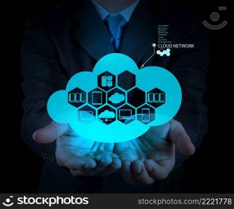 businessman hand showing about cloud network idea as design network concept