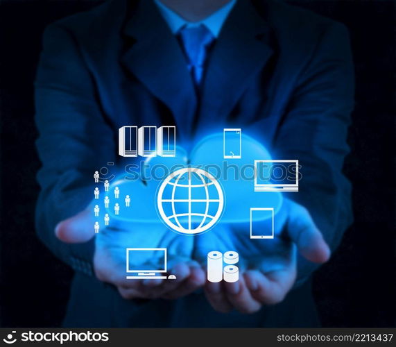 businessman hand showing about cloud network idea concept