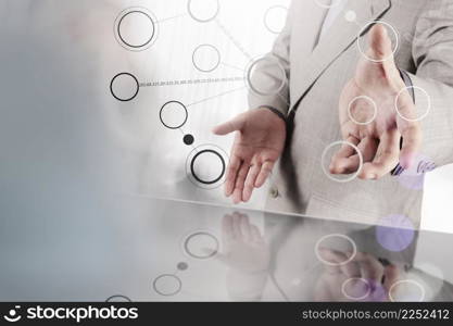 businessman hand showing blank flow chart on new modern computer as concept with bokeh exposure