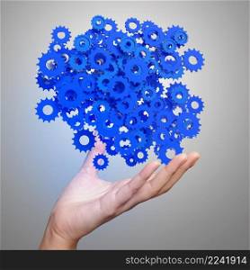 businessman hand showing blue  gears cogs to success concept