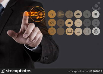 businessman hand showing search engine optimization SEO as concept