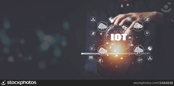 Businessman hand shows a block diagram of internet of things . New Technologies and Business Process Strategies, Operations Automation, Customer Service Management, Cloud Computing.