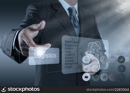 businessman hand shows logistics diagram as concept