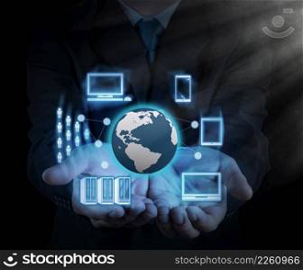 Businessman hand shows new technology on black background