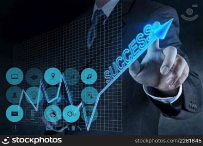 businessman hand touch virtual success chart business