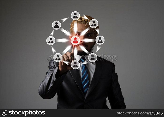Businessman hand touching on screen interface, Business people s. Businessman hand touching on screen interface, Business people social network connection concept.