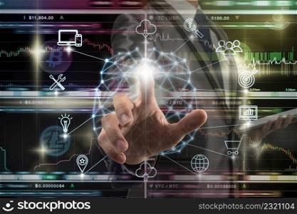 Businessman hand touching the Polygonal brain shape of an artificial intelligence with various icon of smart city Internet of Things Technology over Cryptocurrency Bitcoin exchange trading, AI concept