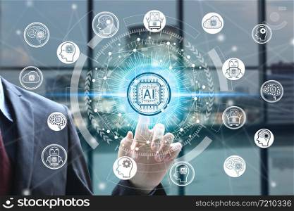 Businessman hand touching virtual screen Artificial Intelligence technology icon over the Network connection, Artificial Intelligence Technology Concept