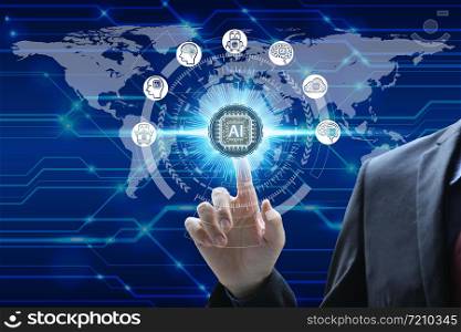 Businessman hand touching virtual screen Artificial Intelligence technology icon over the Network connection, Artificial Intelligence Technology Concept