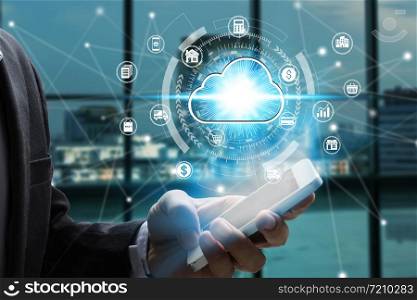 Businessman hand use smartphone with virtual cloud computing icon over the Network connection, Cyber Security Data Protection Business Technology Privacy concept.