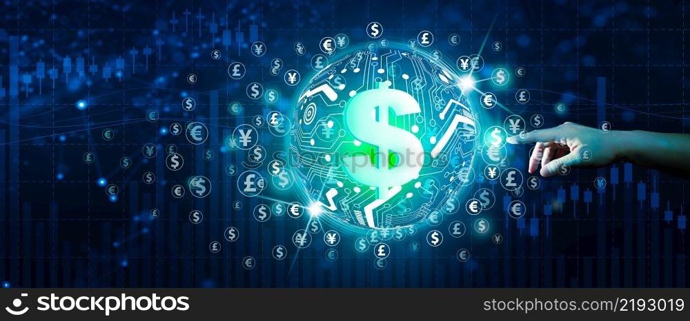 Businessman hand using Financial investment and Economic treads with candlestick forex background. Finance and money transfers with digital network technology concept.