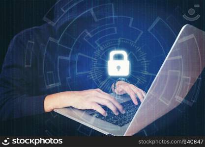 Businessman hand using laptop with Cyber security job business and network server concept