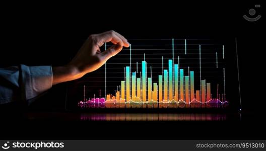 Businessman hand using laptop with glowing forex chart on dark background