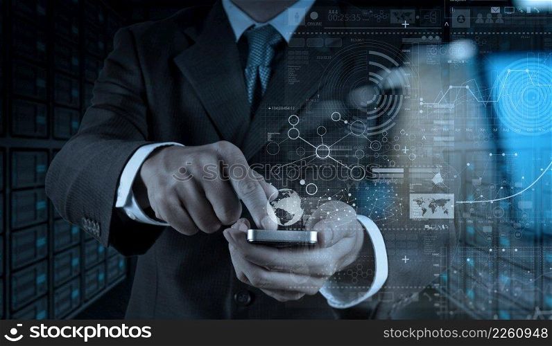 Businessman hand using mobile phone with digital layer effect as business strategy concept                 