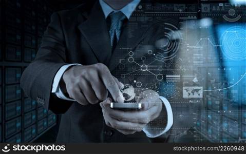 Businessman hand using mobile phone with digital layer effect as business strategy concept                 