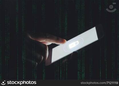 Businessman hand using Phone with Cyber security job business and network server concept
