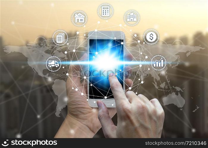 Businessman hand using smart phone the Network connection technology.