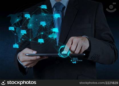 businessman hand using tablet computer shows social network concept