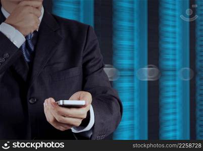 businessman hand using the phone tablet touch computer gadget as concept