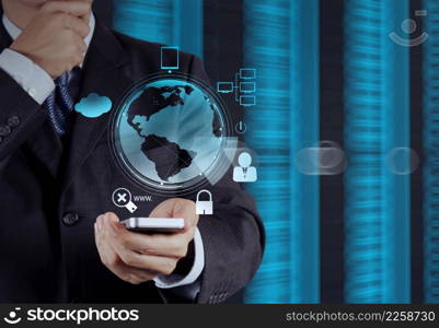 businessman hand using the phone tablet touch computer gadget as concept