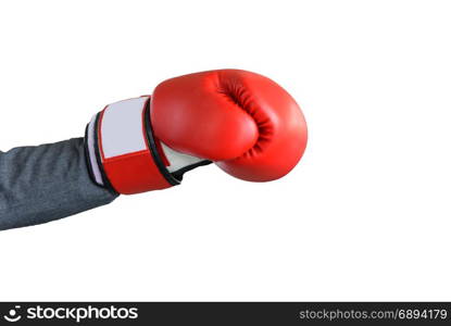 businessman hand wearing boxing glove isolated on white background