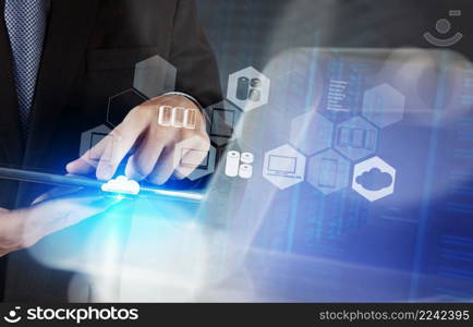 Businessman hand working with a Cloud Computing diagram on the new computer interface as concept