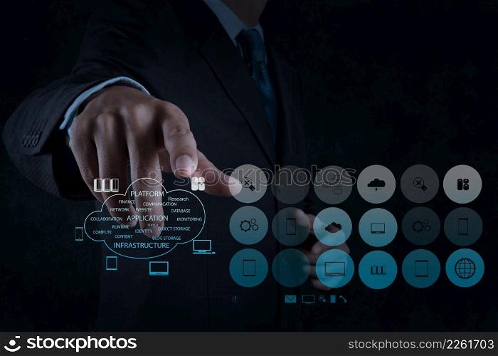 Businessman hand working with a Cloud Computing diagram on the new computer interface as concept