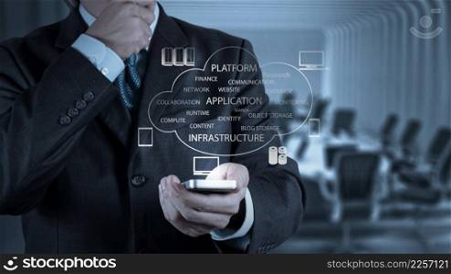 Businessman hand working with a Cloud Computing diagram on the new mobile phone as concept