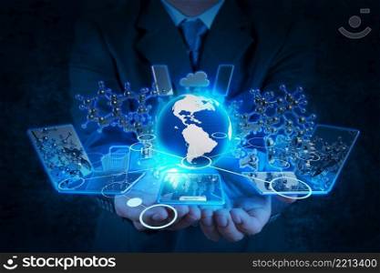 businessman hand working with all modern technology as concept